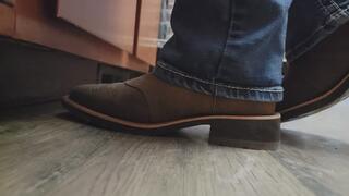 Chrissy candid cowgirl boots in kitchen
