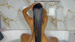 Long hair washing, bathtub fetish