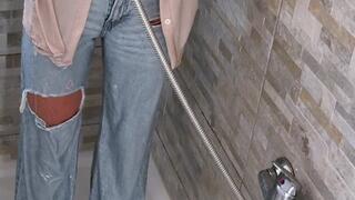 Brown Shirt jacket Jeans white shoes shower Full Version