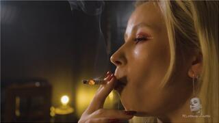 Smoking in leather catsuit and high heels 4K