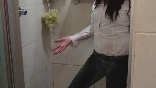 White button down blouse and jeans soaking wet