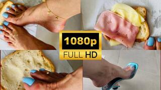Sandwich prepared with feet EmpressBellaSadic Long Toes Nails Blue Nails Bread Crush
