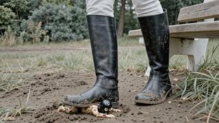 shrunken slave licks clean the muddy riding boot of Madame C and gets trampled under the muddy riding boots . he will end buried alive into the mud under the pressure of Madame C's boots