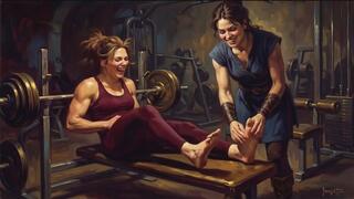 Gym girl in the workout dungeon has her stinky feet tickled by a sadistic kinky personal trainer watch her writhe about in agony