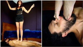 Muscular body trampling, foot gagging, long toes, footjob