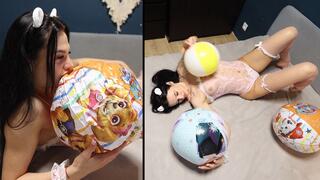 Jade blows up three beach balls in her bedroom 4K