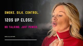 Smoking 120s Up Close ASMR – Red Turtleneck, Long White Nails - Miss Lulu Leather - MP4 HD