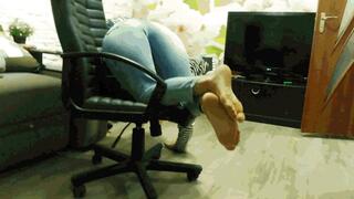 Office chair in jeans and zebra sweat shirt WMV