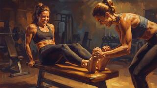 Gym girl in the workout dungeon has her stinky feet tickled by a sadistic kinky personal trainer watch her laugh hysterically haha