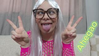 My Stepsister in a cosplay outfit makes a face fetish, ahegao faces and silly faces while sucking a dildo and holding her fingers up