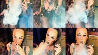 Stepmother with black lips, mini skirt, pantyhose, ponytail and her powerful smoke - Winston 100
