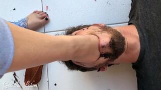 Slave eats melted cookie in the sneaker