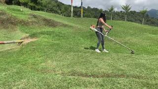 Sexy Latina in Short Shorts Starts Lawn Machine and Teases Herself Outdoors