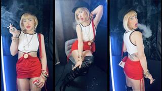 Pretty Smoking Woman Chain smokes marlboro red (2 & 1) in Overknee Boots