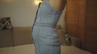 Denim dress try on