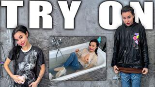 Multi Layer Shower Wetlook Jeans Ripped Tee Naked Tits, Full Clothed Start to Soaking Layers, Foam Jeans Hoodie, Scissors Rip Tits Out