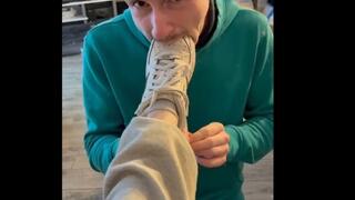 After shopping he licks my Nikes clean and I stomp him into the ground wreck him under my feet