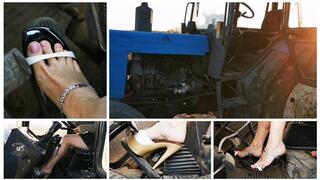 Sexy girl revs old russian tractor very hard