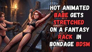 Sexy muscled redhead animated babe with hairy armpits is tied to a rack in the dungeon and stretched by two kinky fetishists in BDSM bondage