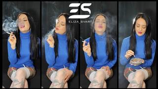 Smoking a Marlboro gold 100 in a blue turtleneck and white stockings