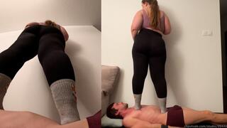 Sock Trampling in Leggings â€“ Full Weight Walking on Slave, He Struggles Hard
