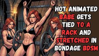 Dirty muscled redhead animated babe with bushy hairy armpits is tied to a rack in the dungeon and stretched by two kinky fetishists in BDSM bondage