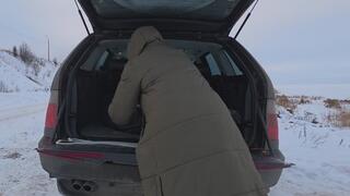 Road trap. Man is captured, bound and gagged in her dungeon