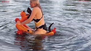 Hot fucking of a rare inflatable toy on the lake