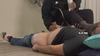 Miss Paisleyâ€™s sweaty off black reinforced toe nylon foot sniffing handjob