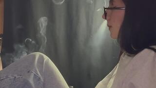 SEPTEMBER ONE FOOT UP, CHEWING GUM AND ENJOYING A CIGARETTE.