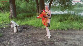 Alla deflates a rare inflatable toy on the lake shore