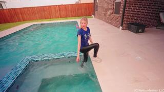 Amber Goes for a Swim in Leggings, T-Shirt and Sneakers