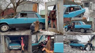 A real story about how girls try to park a car in the garage on an ice-covered road