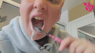 Back to basics teeth brushing with lots of spit drool and foam