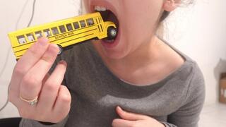 Giantess Stepmom wants to eat the Tiny school bus, she plays with it, then puts it between her big tits and puts it in her panties, then pulls it up and leaves with it