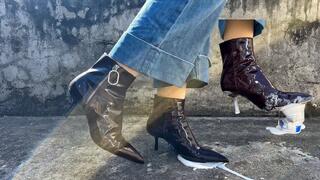 Yogurt Spurting out...under Dom May's Sexy High-heeled Ankle Boots