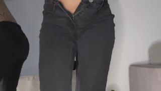 Omorashi girl desperately pisses her dark jeans soaking