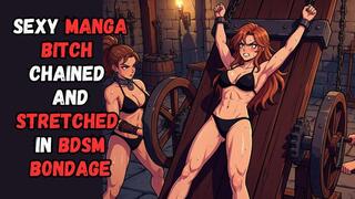sexy fit Anime Manga redhead bitch is tied to a rack in the dungeon and stretched by two kinky fetishists in BDSM bondage