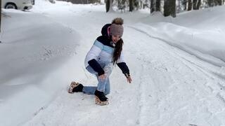 Platform shoes on snow, slippery shoes, slippery heelless on snow, snow walk in slippery shoes, high heels sliding, shoe sliding on snow