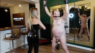 An ugly, obese old geezer is mercilessly whipped by a young Goddess (with English subtitles)