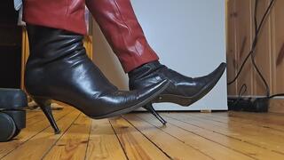 Pointy Leather Ankle Boots Dangle under desk
