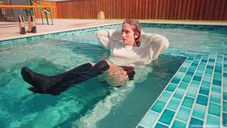 Kate Goes for a Swim in Leather, a Sweater, Socks and Boots