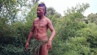 Native hunter biting the Native woman's fingers.