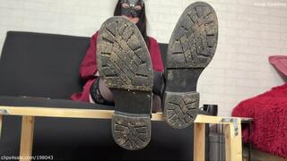 Nasty muddy work shoes worship and trample