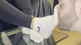 Dirty White Sneaker Worship - Smelly Socks in Face with Valeria Night (Front View)