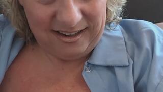 Joi in work shirt that comes off