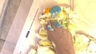 SluttySarah Celebrates her Birthday Falling on MmMmMonday by Stepping on Birthday Cake