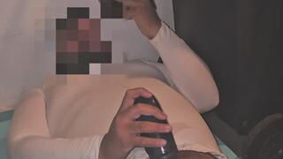 Playing with my cock with leather leggings and white tight shirt