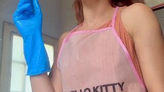 Latex Gloved Housewife Smokes & Washes Dishes â€“ Blue Rubber Gloves Fetish