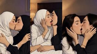 Animated Lesbian Hijab Kiss In Bed Romantic Fully Clothed Intimate Scene